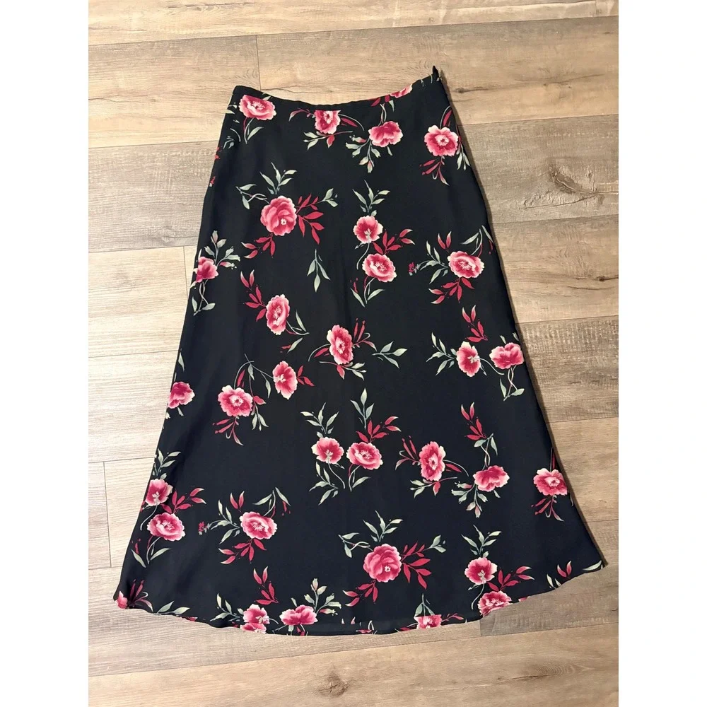 Laura Scott Black Floral Maxi Skirt Pink Red Flowers A-Line Lined Size 10